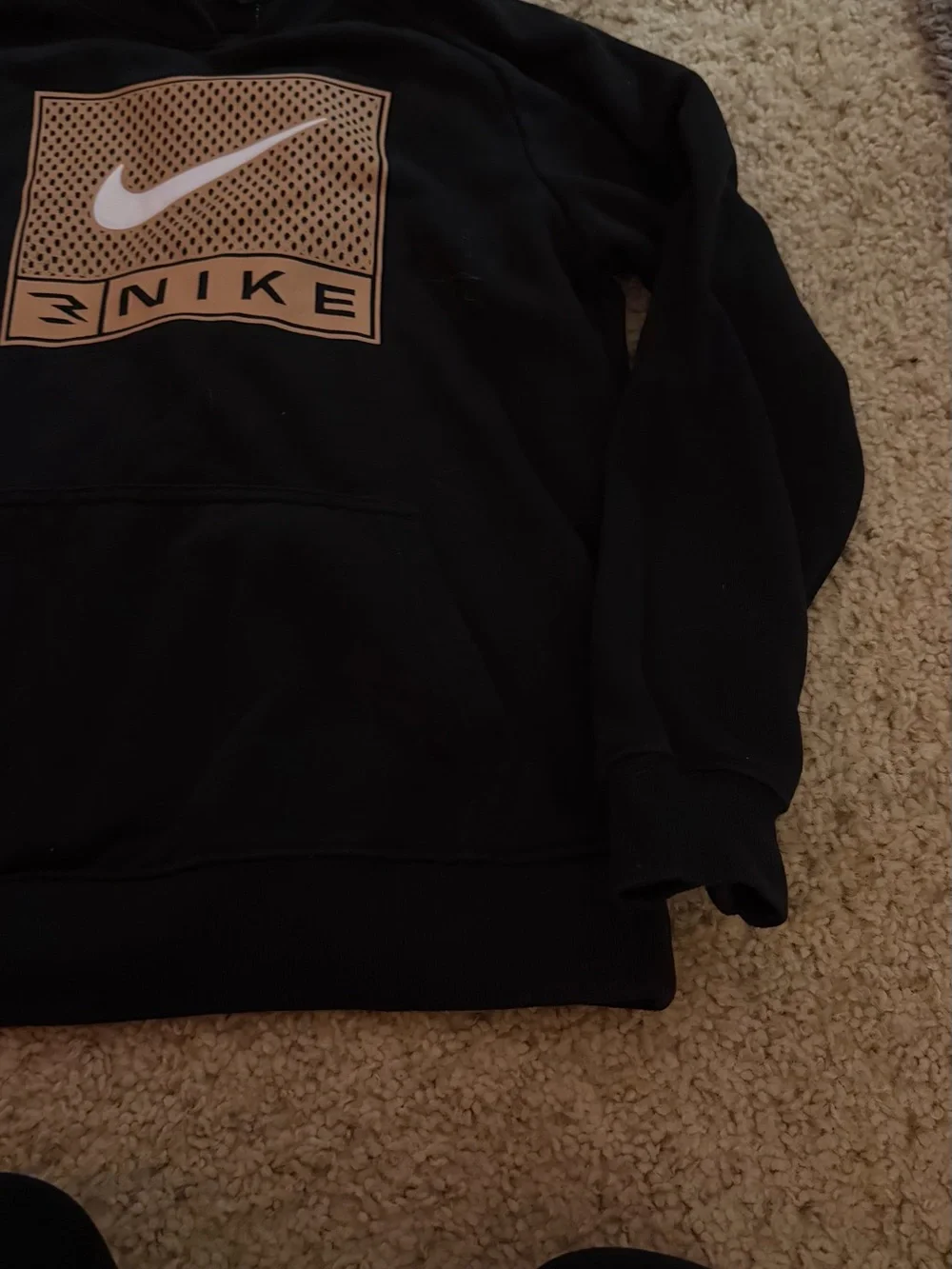Nike Kids Youth Black Crewneck Hoodie with Tan Logo Panel